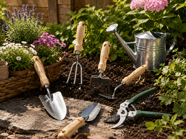 Garden tools in use across various outdoor and landscaping scenarios