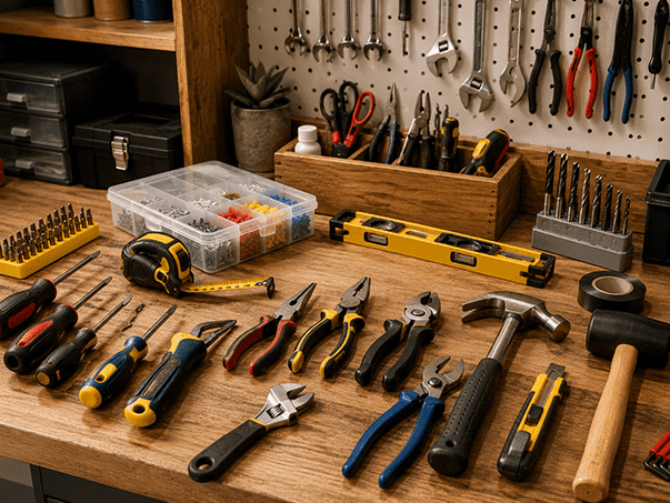 Household tools in use across various home maintenance scenarios