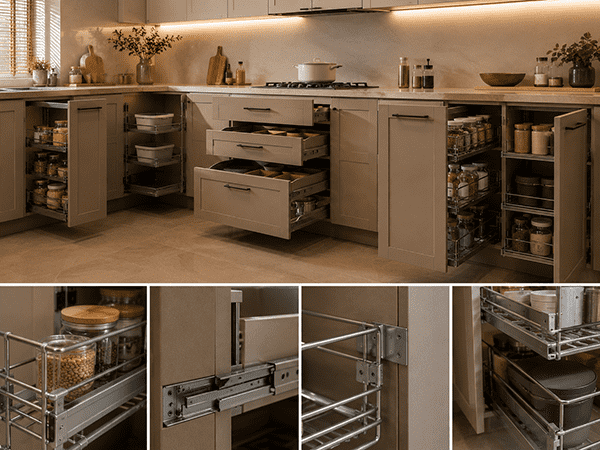 Cabinet pull-out basket installed in kitchen base cabinet