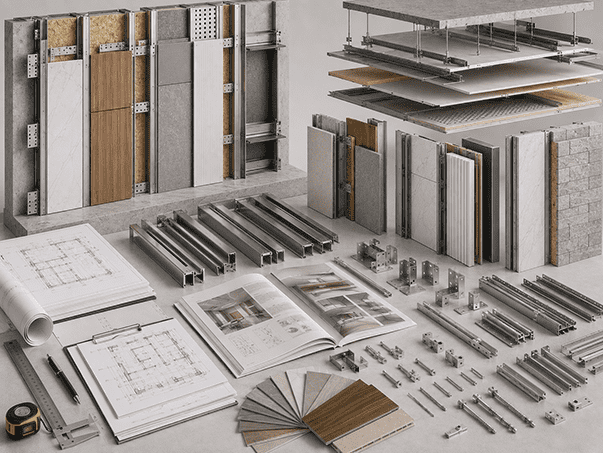 Eco-material product samples arranged on a workspace for sourcing review