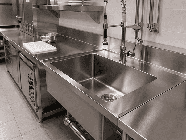 Stainless steel sinks installed in a commercial kitchen environment