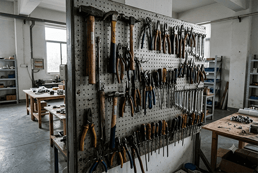 A variety of hand tools, power tools, and tool sets neatly organized on a workshop wall.