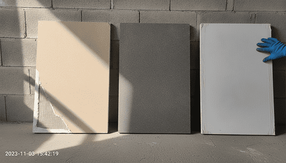 A visual comparison of three panel cross-sections: Magnesium Oxide (MGO) board, Fiber Cement board, and Gypsum board, with labels indicating their core materials.