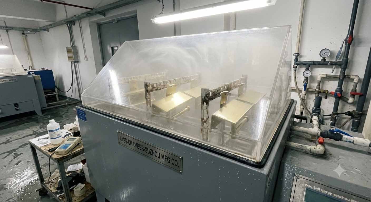 A laboratory photo of a salt spray test chamber with bathroom fixtures, including toilet paper holders, undergoing testing.