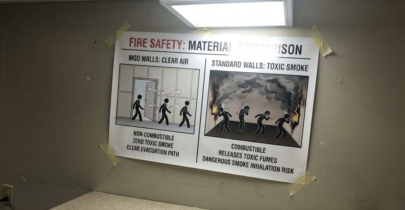 Clear Escape Route with MGO vs. Smoke-Filled Room A simple infographic showing a clear escape route in a room with MGO walls vs. a smoke-filled room with standard materials.