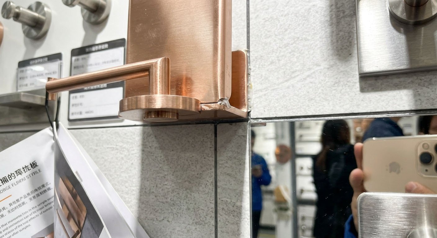 A quality control station showing a full set of perfectly color-matched brushed copper bathroom accessories, including a toilet paper holder, towel ring, and robe hook.