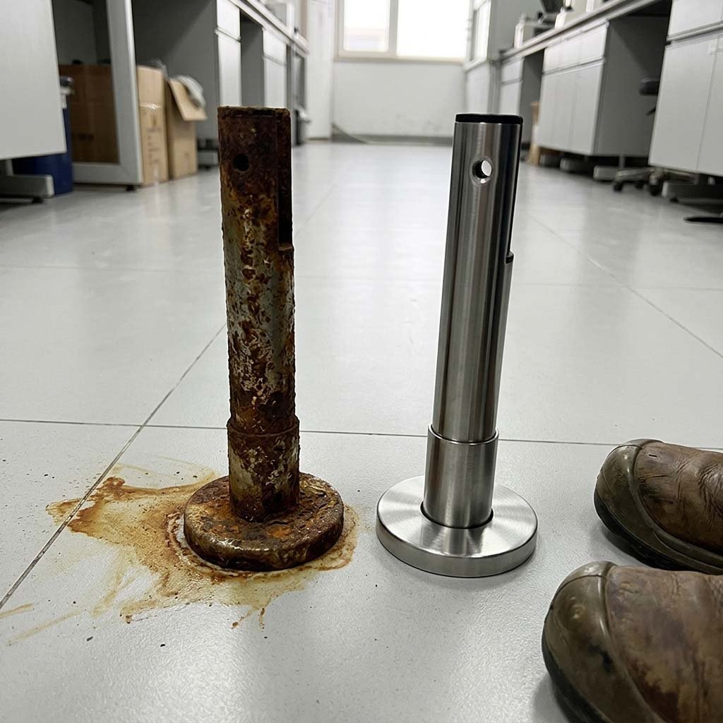 Corrosion Failure: 201 vs. 304 Stainless Steel Support Legs A stark comparison photo: on the left, a corroded 201 stainless steel toilet cubicle leg with rust stains on the floor; on the right, a pristine 304 stainless steel leg in the same environment.