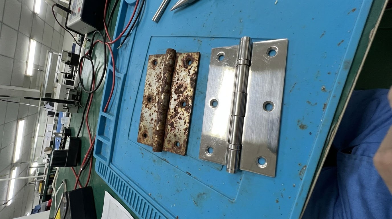 A dramatic side-by-side photo showing a rusted 201 stainless steel hinge next to a perfectly clean 304 stainless steel hinge after simulated coastal exposure.