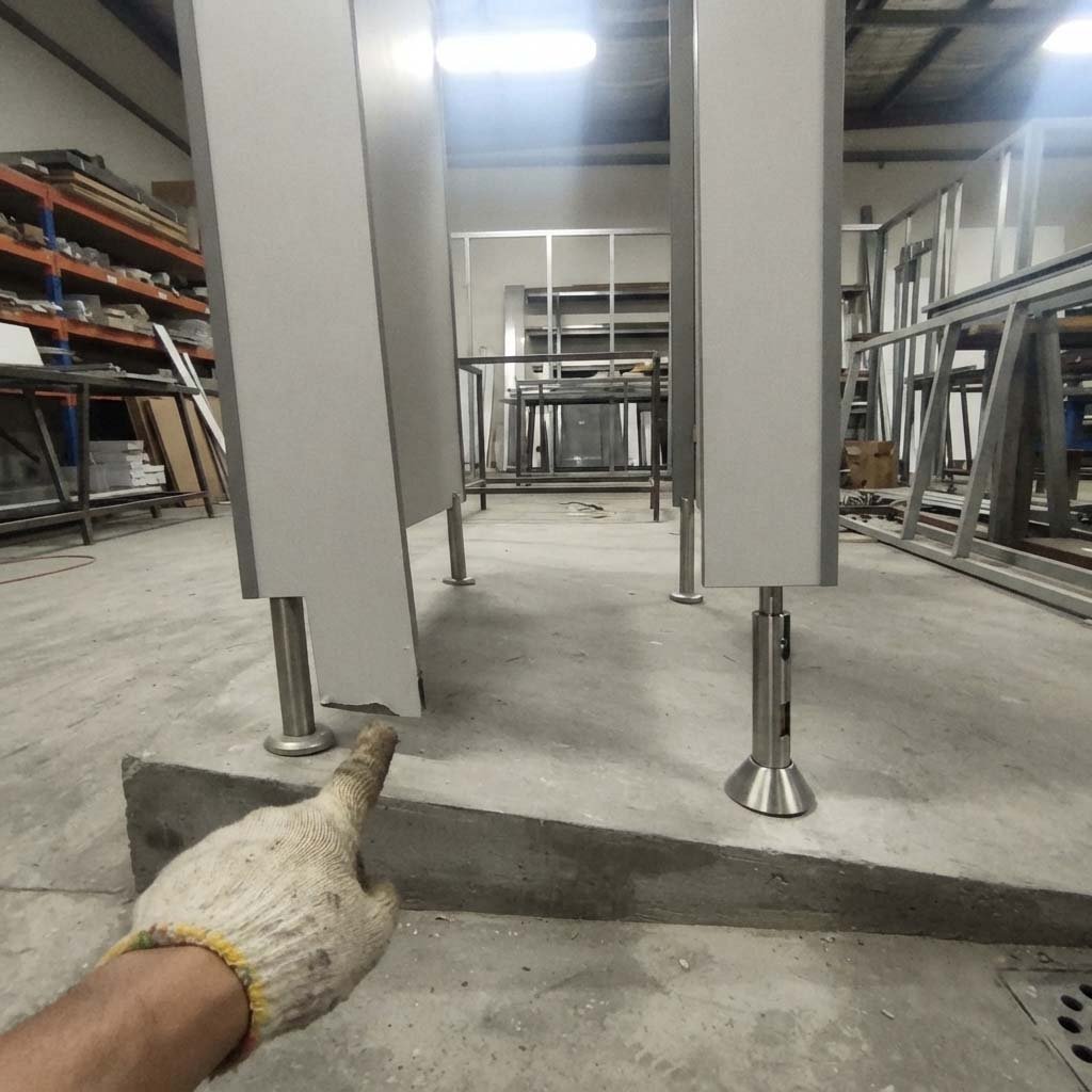 An illustration comparing a wobbly partition on a sloped floor using a fixed leg, next to a perfectly level and stable partition using an adjustable support leg.