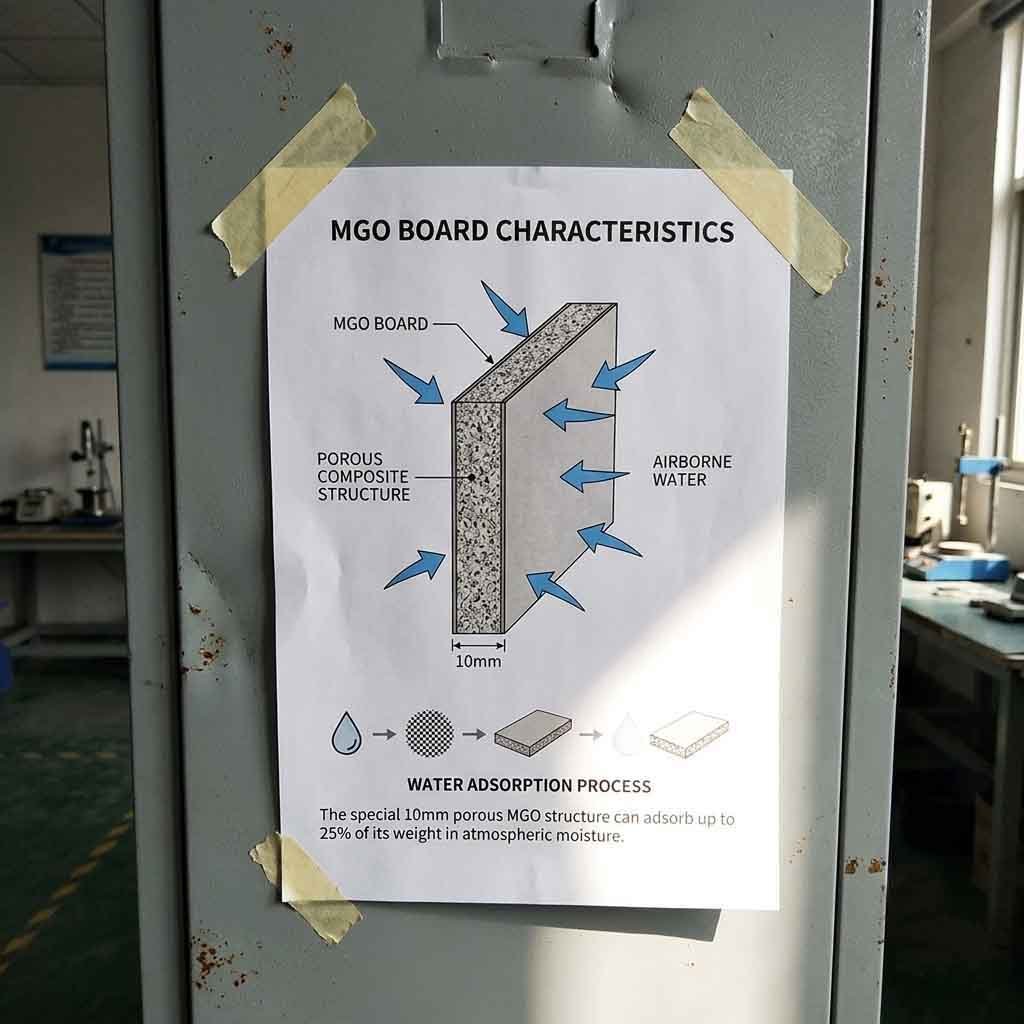How MGO Board Absorbs Atmospheric Moisture An infographic explaining hygroscopicity: showing water vapor molecules from the air being absorbed into the unsealed MGO board's porous structure.