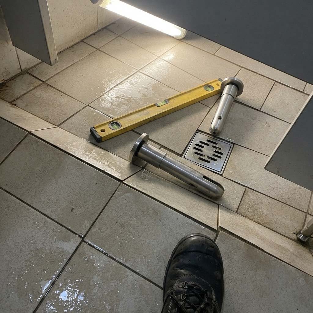 A technical diagram showing a floor sloped at 1.5% towards a drain, illustrating how two support legs would need to be at different heights.