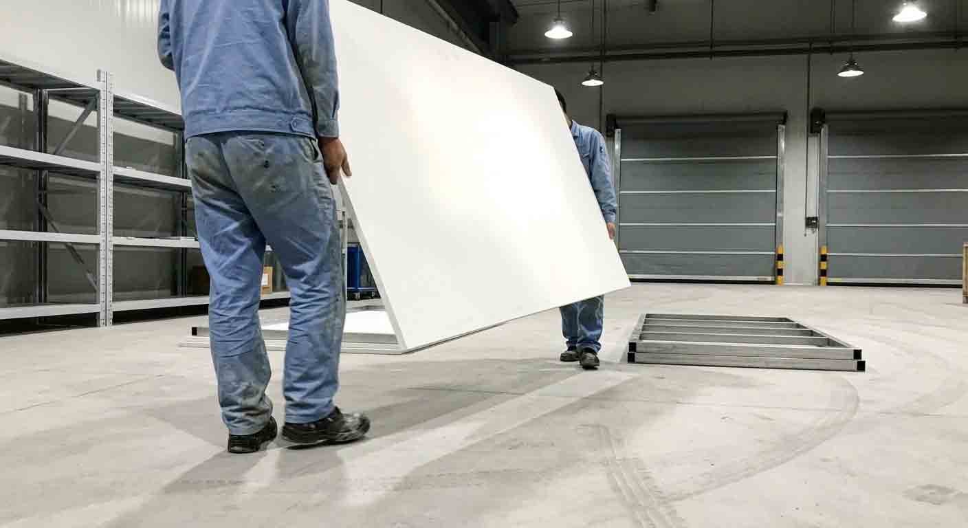 Two workers easily carrying a large MGO board panel, contrasted with a visual of workers struggling with a smaller, heavier cement board panel.