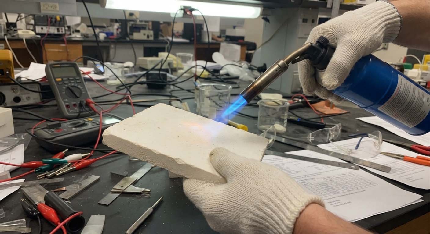 MGO Board Resists Direct Flame with No Smoke An MGO board panel being directly exposed to a blowtorch flame with no smoke or ignition.