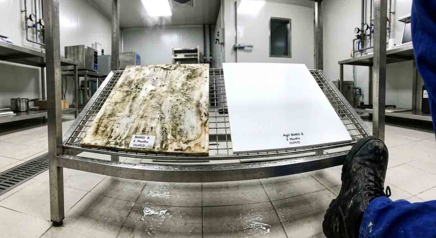 A dramatic visual showing a water-damaged, moldy gypsum panel next to a clean, unaffected MGO board panel after being soaked.