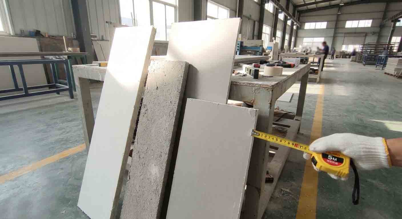 A side-by-side comparison of MGO board, gypsum board, and cement board panels, highlighting their different textures and core materials.