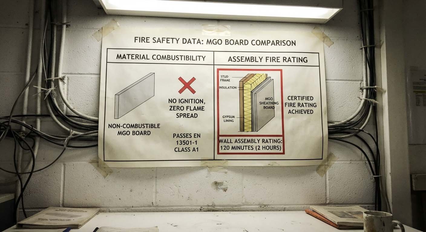 Material Combustibility vs. Assembly Fire Rating A diagram comparing fire-rated assembly (wall + studs + board) vs. the combustibility of the board material itself.