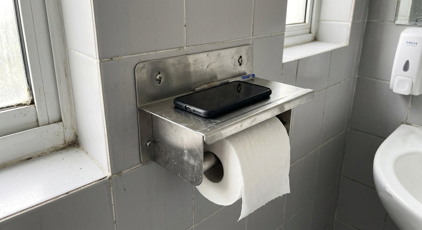 Multi-Functional Toilet Paper Holder with Shelf A close-up of a stainless steel multi-functional toilet paper holder with a shelf, securely mounted on a tiled bathroom wall. A smartphone rests on the shelf to demonstrate its purpose.