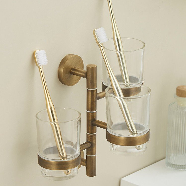 MKH Antique Brass Wall-Mounted Rotating Toothbrush and Cup Holder for Luxury Bathroom