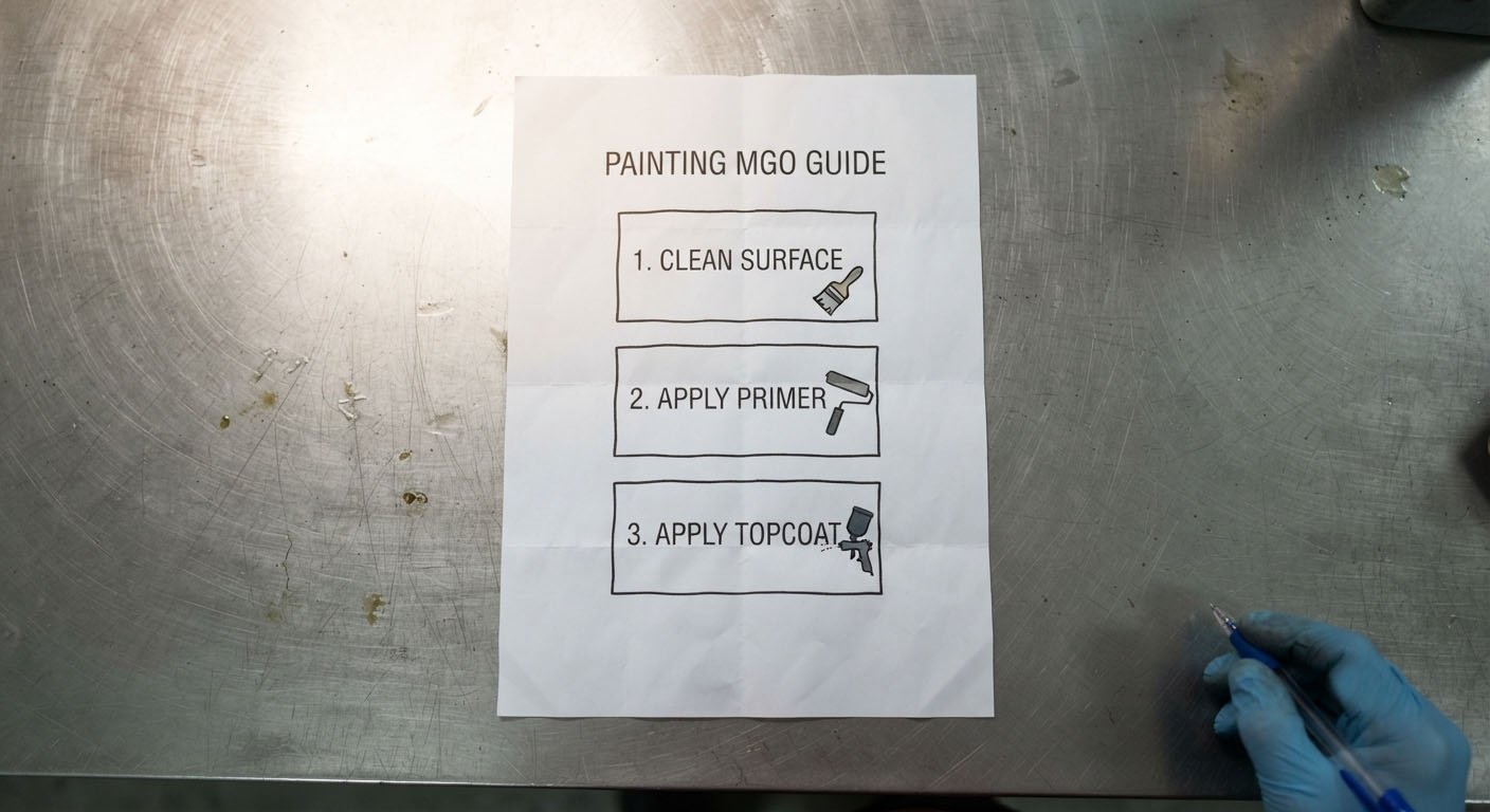 Steps to Properly Paint MGO Board A visual step-by-step guide: 1. Clean Surface, 2. Apply Primer, 3. Apply Topcoat.