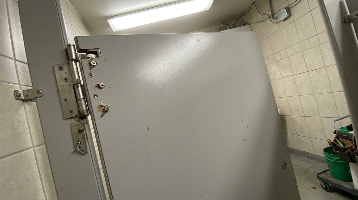 A photo of a sagging restroom partition door with a loose hinge, highlighting the stress on the hardware mounting points.