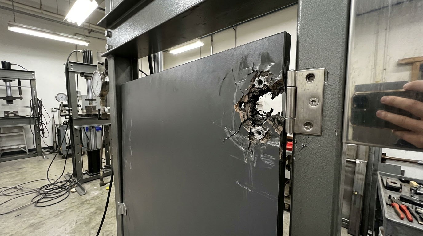 A photo of a failed toilet partition door sagging badly on its hinges, with visible stress marks around the hardware mounting points.