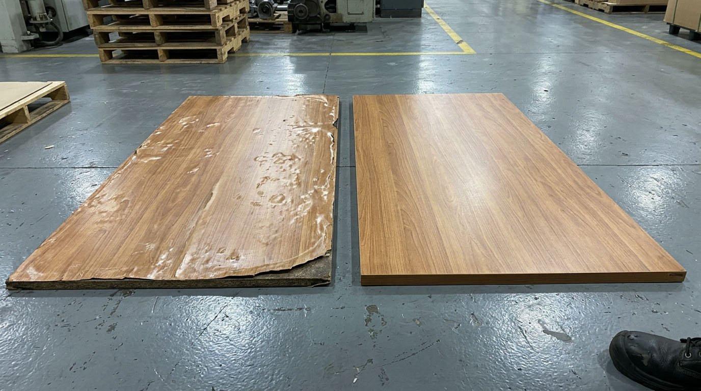 Side-by-side comparison of two laminated panels: one is bubbling and peeling due to a poor substrate, the other is perfectly flat on a stable substrate.