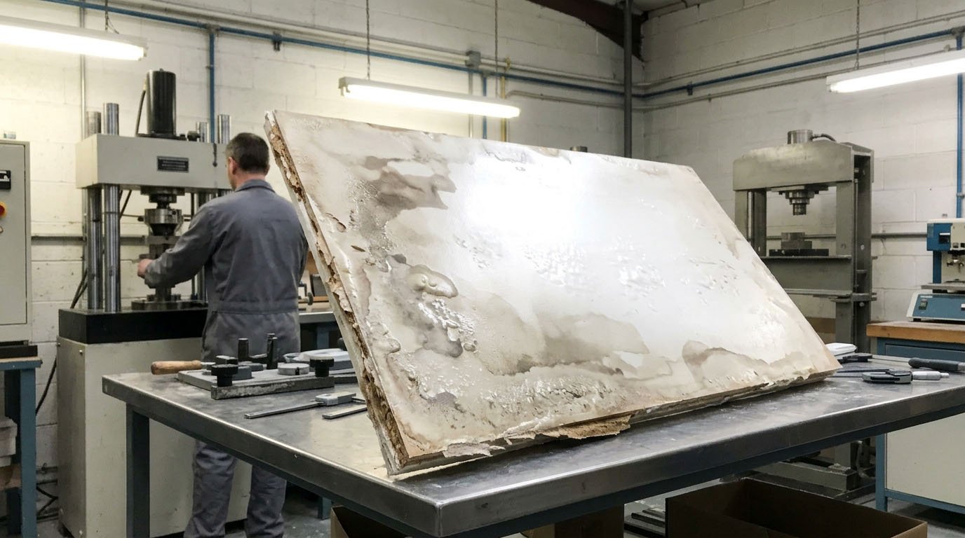 A photo showing a decorative panel with moisture stains and bubbling, a classic sign of a failing substrate.