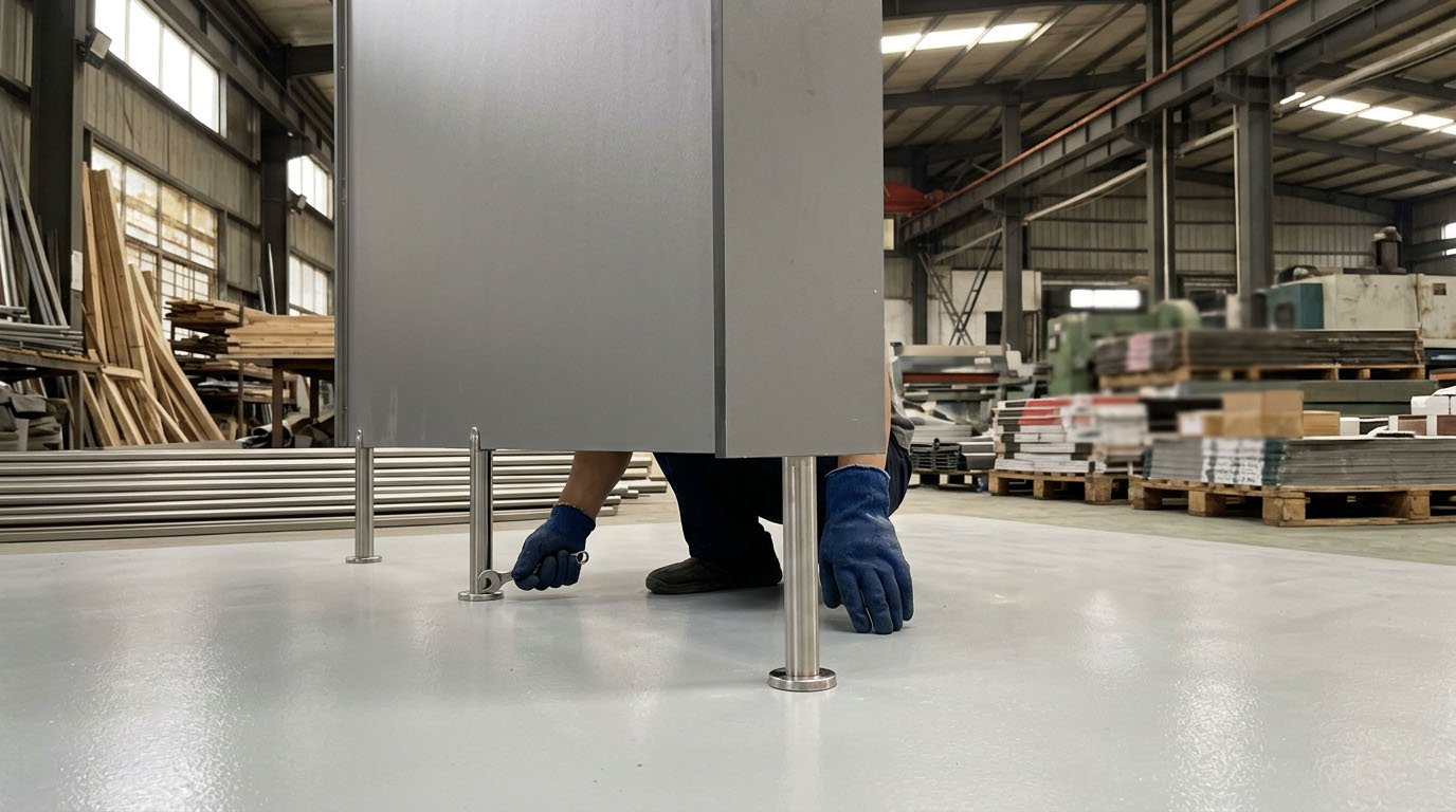A clean, modern public restroom showing toilet partitions mounted on raised stainless steel pedestals, leaving a clear gap to the floor.