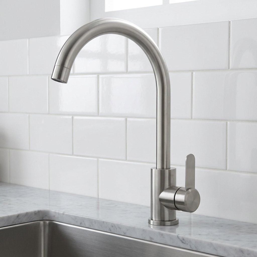 Cohesive Stainless Steel Kitchen Design A modern kitchen with a brushed stainless steel pull-down faucet on an island, matching a nearby stainless steel sink and appliances.
