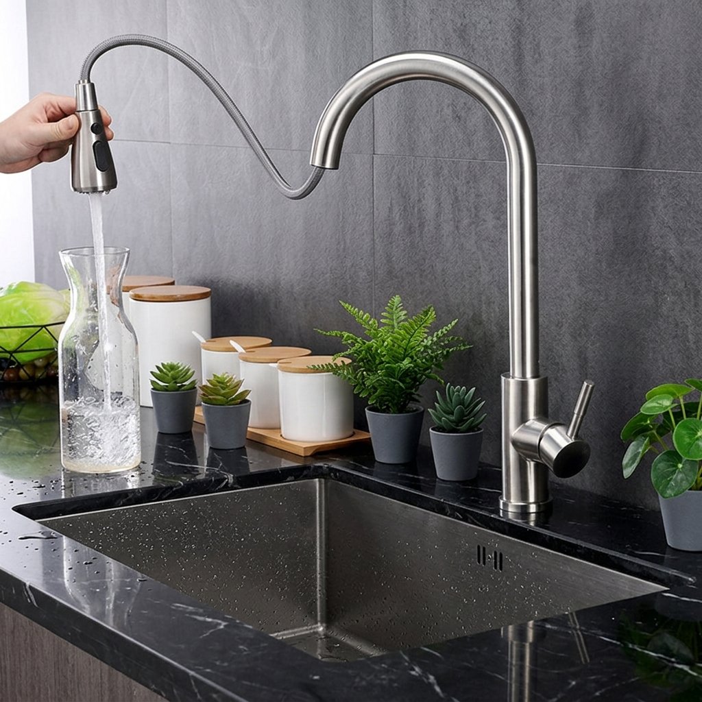 Eco-Friendly 304 Stainless Steel Pull Out Adjustable Extendable Kitchen Water Faucet