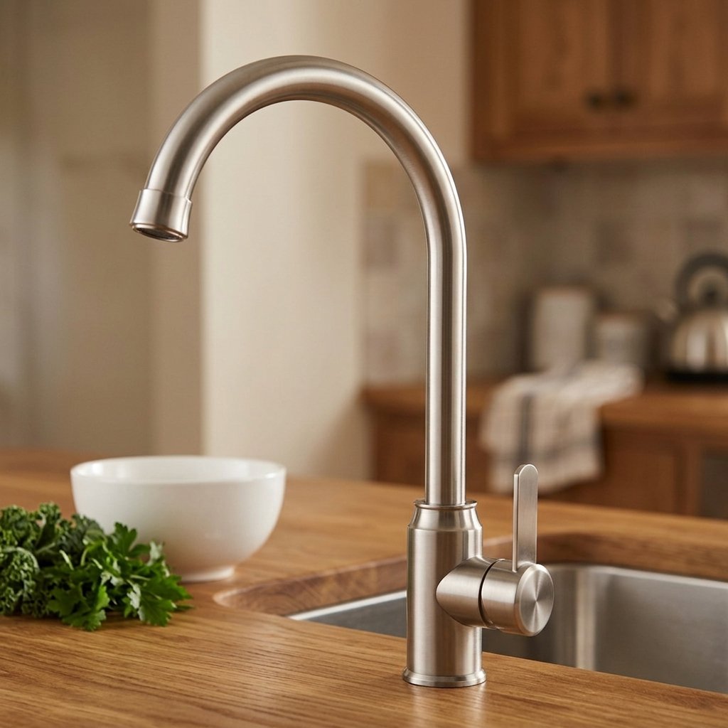 An illustration or photo showing the under-sink view of a faucet installation, highlighting the water line connections and mounting nut.